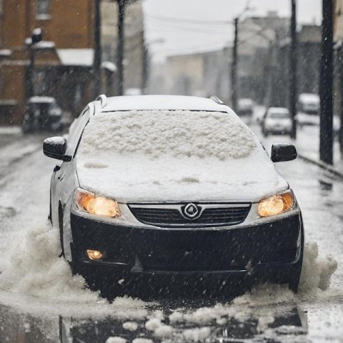 Auto ricoperta di grandine ferma in strada, un evento tanto più frequente quanto più impattante con chicchi di grandine di sempre maggiori dimensioni