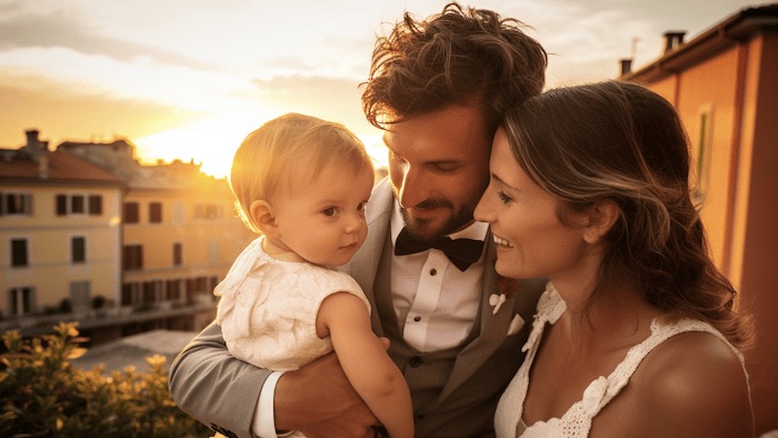 Giovane coppia tiene in braccio la figlia piccola in un momento di grande serenità