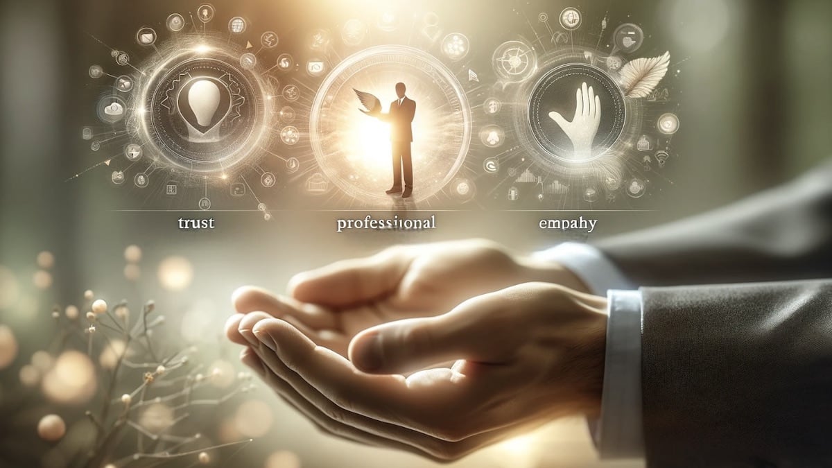 mani in raccolta accolgono fiducia empatia e competenza professionale in raffigurazione astratta in contesto a luce calda