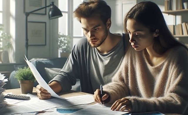 una giovane coppia alla ricerca di una polizza tra tante scartoffie di preventivi nella loro casa