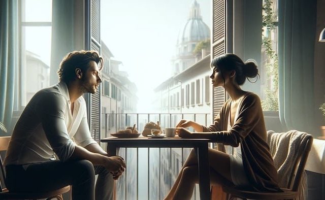 giovane coppia parla serena  seduta al tavolo della loro casa 
