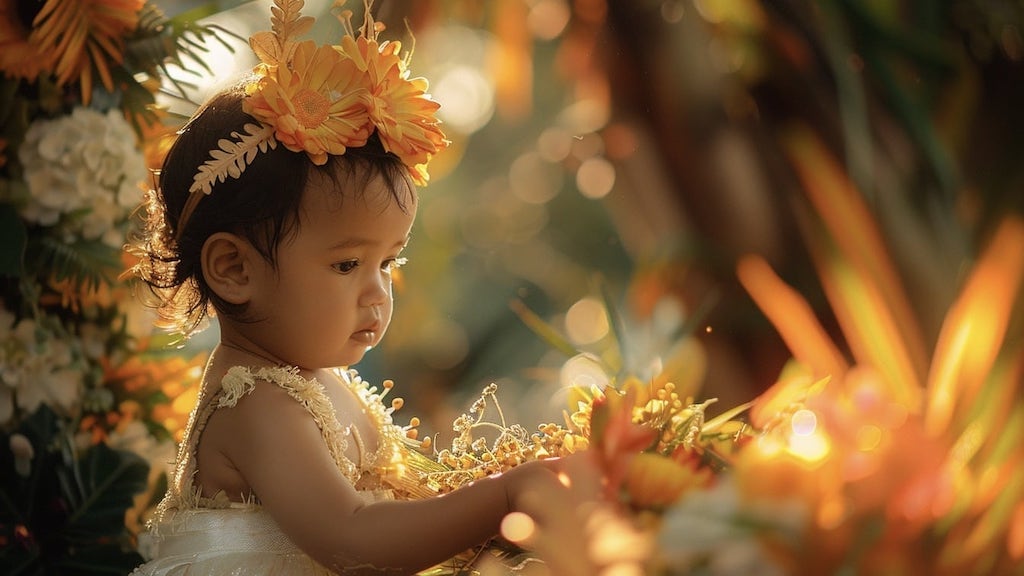 piccola bimba con ornamenti floreali sul viso immersa in un giardino primaverile