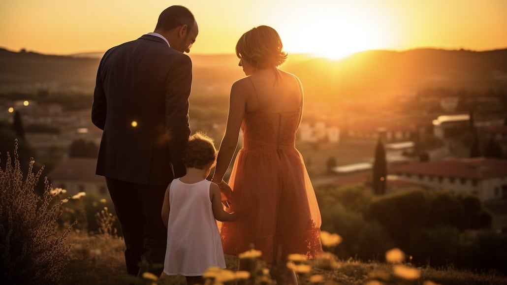 giovane coppia con figlia piccola passeggia serena al tramonto in aperta campagna a colori