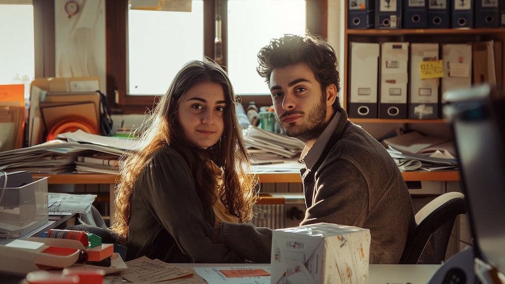 giovane coppia in un ufficio con lo sguardo frontale con espressione interrogativa