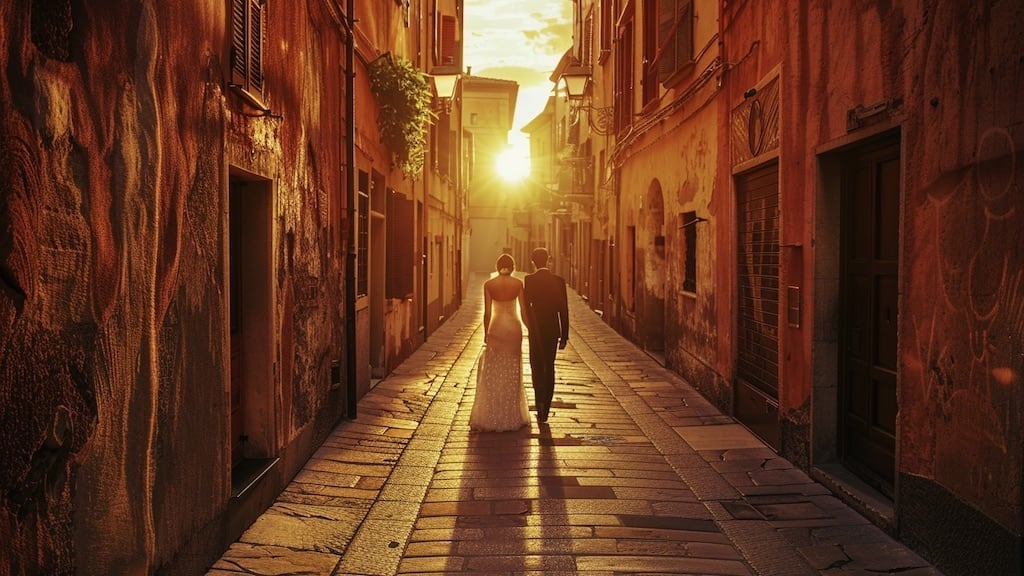 giovane coppia sposata passeggia in una strada di un piccolo borgo italiano