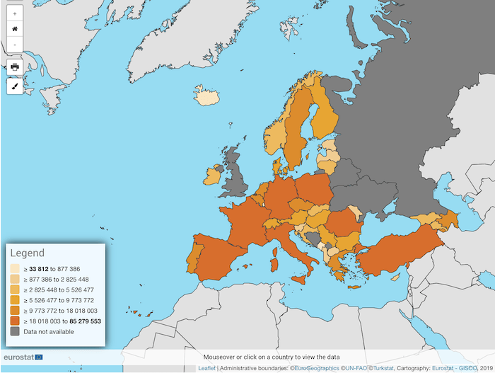 mappa europea con dati statistici al 2023 sulla diminuzione della popolazione nel tempo