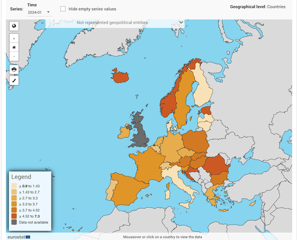 mappa europa con colori variabili in base alla % del tasso di inflazione