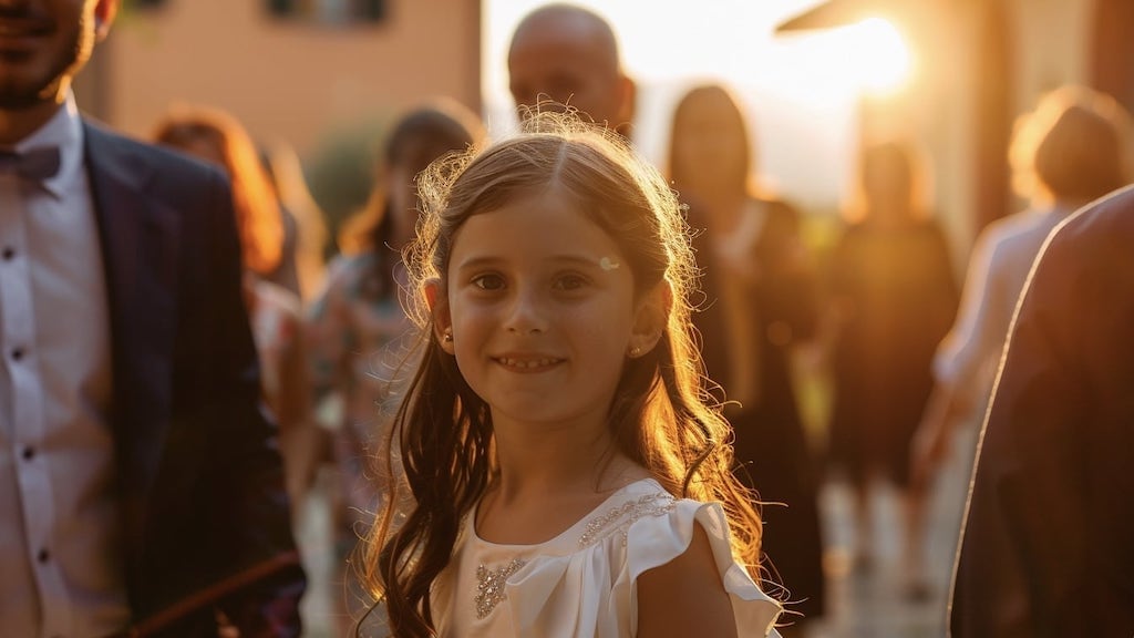 Primo piano bimba con capelli lunghi e vestito bianco all'uscita di scuola