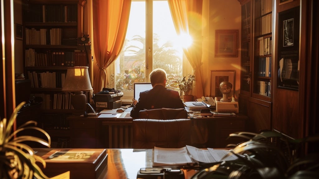 commercialista nel suo studio al lavoro davanti al portatile