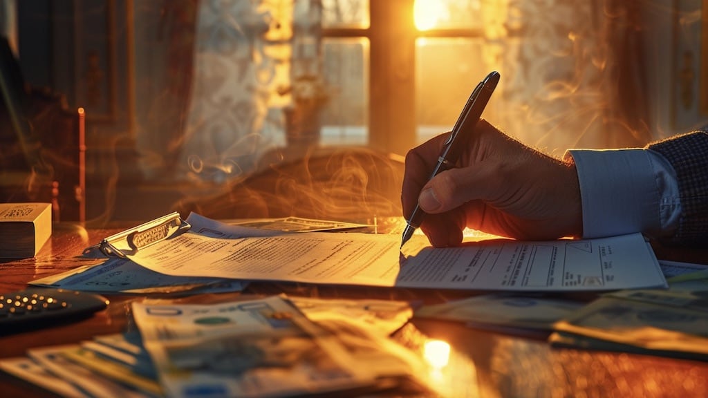 una mano nell'atto di firmare un contratto con a fianco delle banconote